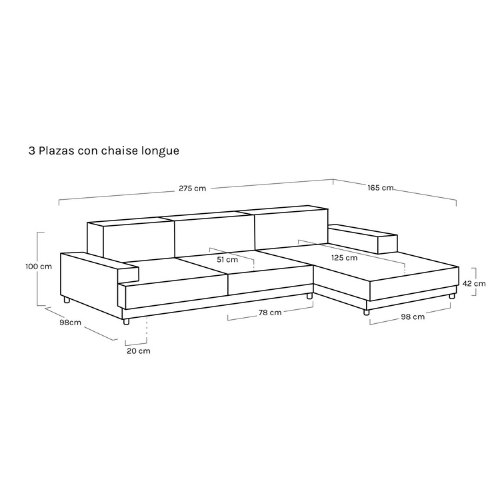 Sofá fijo Durian 3 plazas con chaiselongue