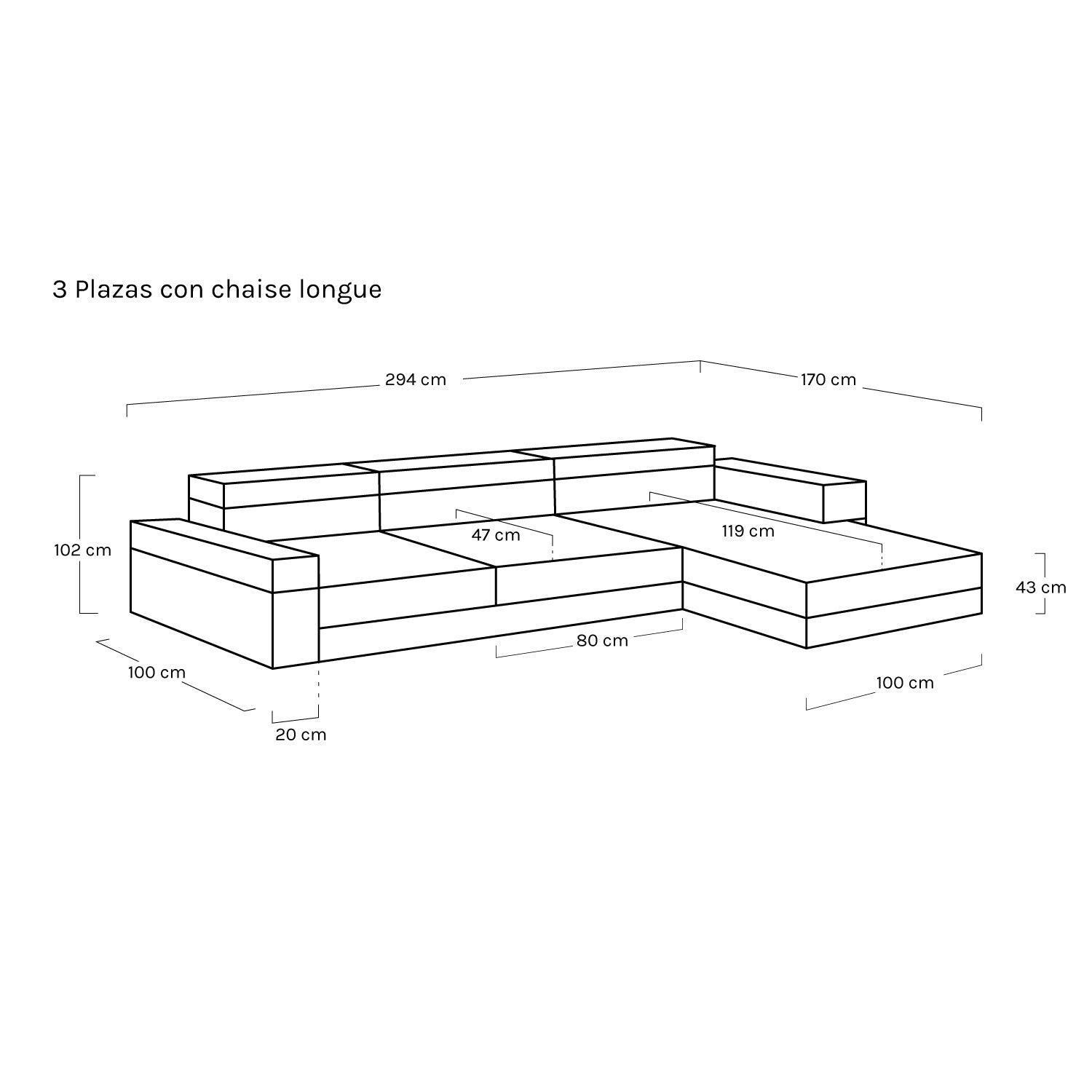 Sofá Melati 3 plazas con chaiselongue