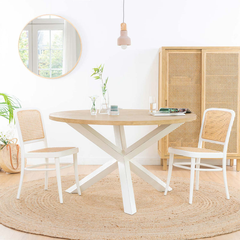 Gales mesa de comedor redonda de madera color blanco y natural