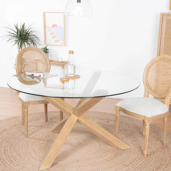 Tripod mesa redonda cristal y madera